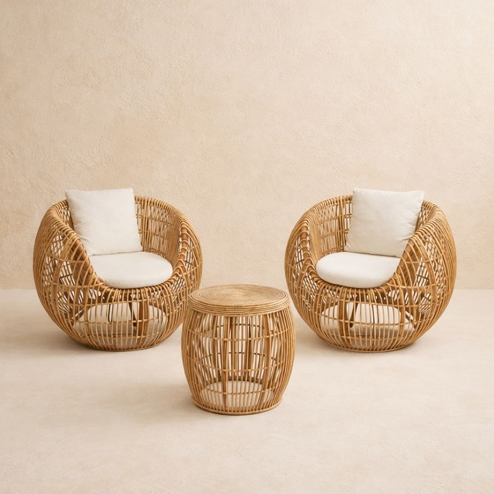 Beautiful Durable Natural Rattan Chair set with small table for Outdoor Use Minimalist Design for Garden Villa Dining and Hotel for Living Room