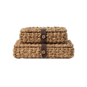 30 Handwoven Water Hyacinth Box with Frame and Button – Natural Decorative Storage Organizer