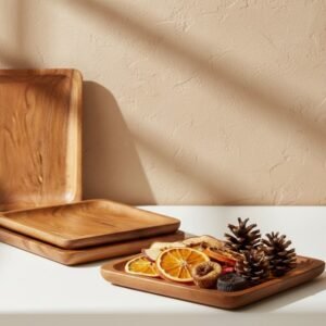 5 Teak Wood Square Plates for Lunch and Dinner-Durable Wooden Dishes & Plates